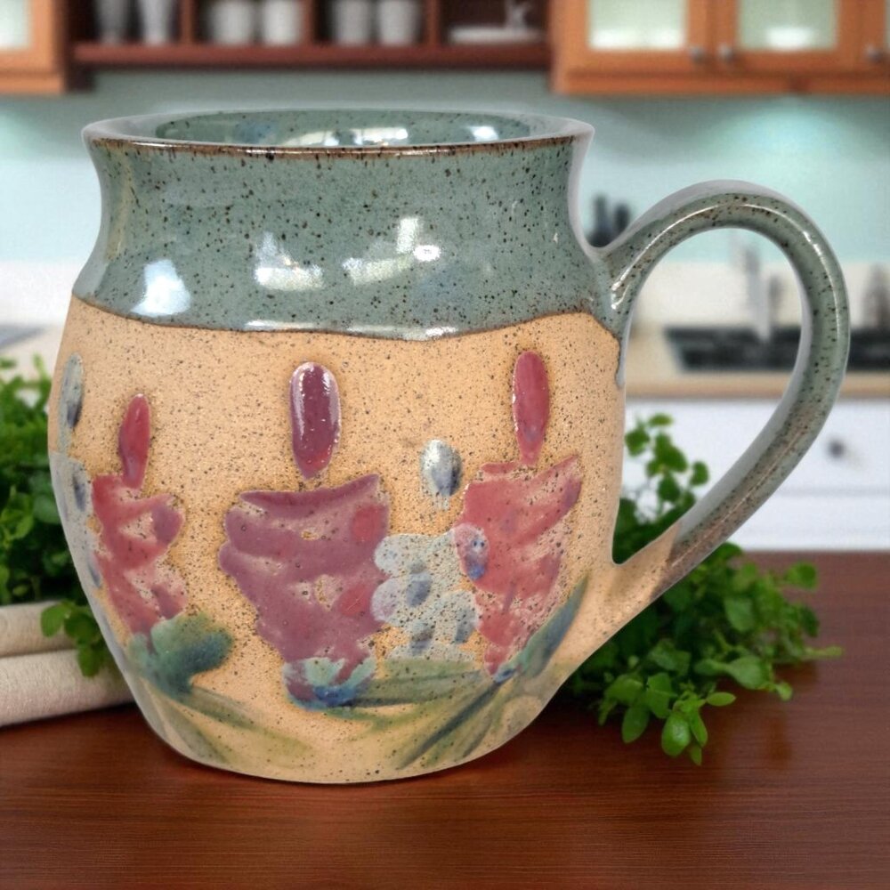 Beautiful Pottery mug 4" tall marked on bottom MKS floral NICE